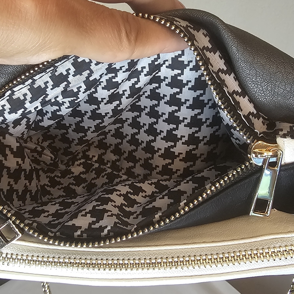 [CESCA] Gray, Wht & Blk Vegan Leather Crossbody Bag/Clutch Removable Gold Chain - Picture 11 of 15